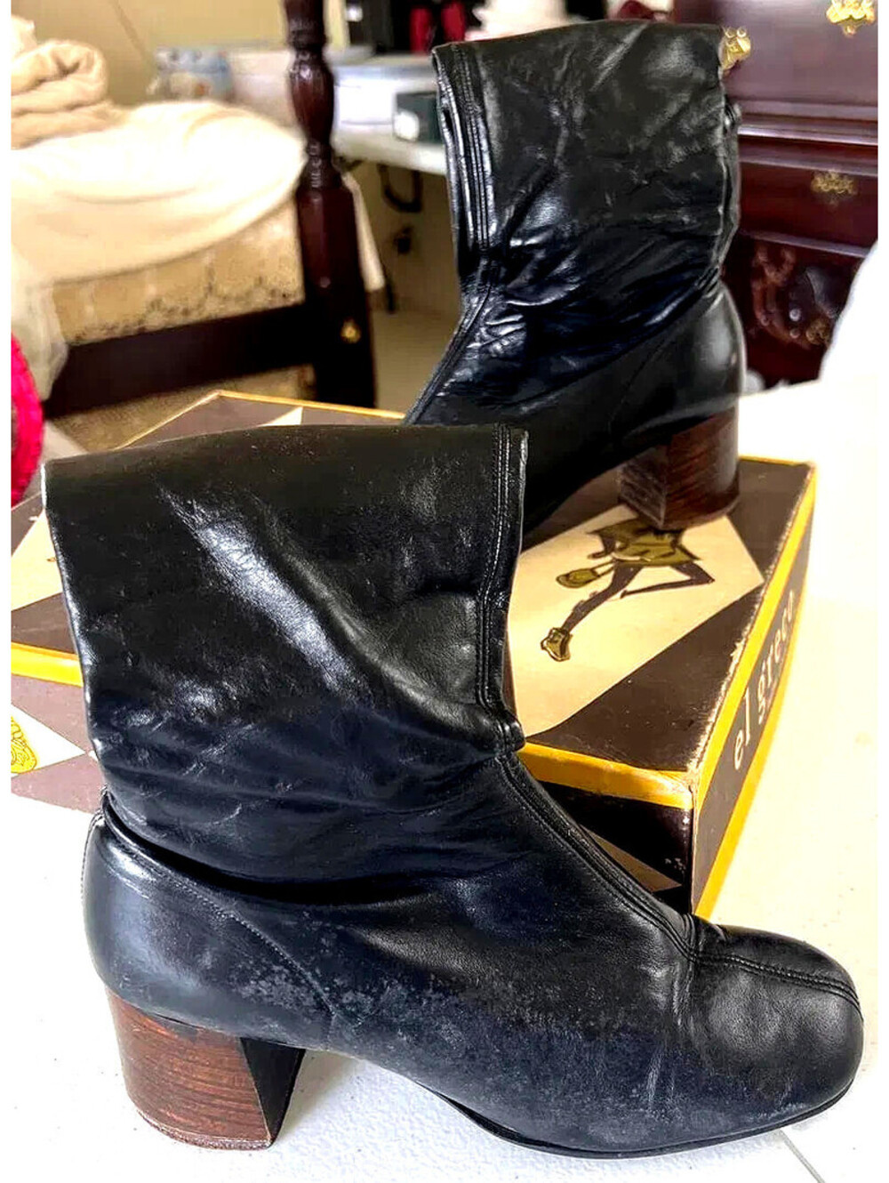 Vintage El Greco Black Leather Go Go Boots Made Italy Chunky Heel Sz 5 Box